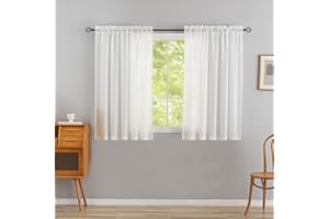 Home Brilliant Striped Sheer Curtains, Net Curtains for Windows 45 Drop, White Short Woven Voile Curtains for Kitcken Window Treatment, Set of 2, 54 x 45 inches