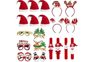 OPUHOHR 20PCS Christmas Headbands Santa Hat Christmas Slap Bracelets Party Glasses Frames Set for Christmas Xmas Party Decoration Supplies