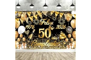 Pancarta Feliz Cumpleaños 50 Anos 1976-2026, Seutgjie Happy Birthday Decoracion para Mujer Hombre para Fiesta Cumpleaños 50 Oro Negro 180 x 110 cm