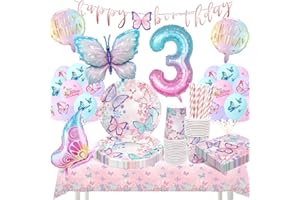 HLEIUKT Schmetterling Deko Geburtstag, 3 Jahre Geburtstag Party Geschirr Deko, Schmetterling Luftballon Pappteller Servietten Becher Tischdecke für 3 Jahre Mädchen Kindergeburtstag Party 16 Gäste