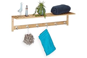 Relaxdays Portasciugamani con Mensola, 6 Ganci, Bagno & Corridoio, Appendiabiti, Bambù, 18 x 75 x 16 cm, legno naturale