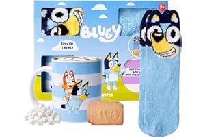 BEAMS INTERNATIONAL Bluey Cosy Hot Chocolate Hamper - Ceramic Mug, Fluffy Socks & Dairy Free Biscuits - Childrens Hot Chocolate Gift Set with Sachets, Marshmallows & Treats for Kids, Christmas - Girls, Boys Bluey Gifts