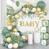 125pcs Sage Green Baby Shower Decoration, Sage Green Baby Boxes with Green Gold Balloons and Green Baby Backdrop for Baby Sho