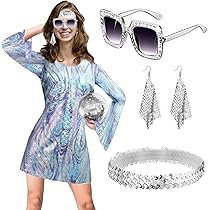 PORJDN 60s 70s Hippie Kostuum voor Vrouwen - 7-delig Disco Feestoutfit met uitlopende jurk, vredesteken halsketting, oorbellen, hoofdband, zonnebril PORJDN 60s 70s Hippie Kostuum voor Vrouwen - 7-delig Disco Feestoutfit met uitlopende jurk, vredesteken halsketting, oorbellen, hoofdband, zonnebril