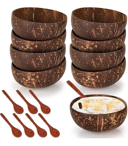 Lot De 6 Bols Noix De Coco Naturels + Cuillères Palmier 18 Cm - 12,7 Cm Profondeur - Vaisselle Éco & Tropicale