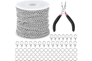 Sporgo Cadena de eslabones de acero inoxidable de 15 m: cadena de acero inoxidable de 3 mm con 20 cierres de mosquetón y 100 anillos de flexión, para manualidades y fabricación de collares