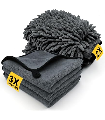 Kit Nettoyage Voiture 5 Pièces - 3 Chiffons Microfibre + 2 Gants Lavage - Sans Rayures - 6