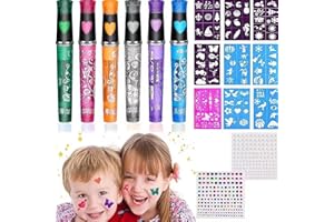 GLEEMEN Zestaw brokatowych tatuaży dla dzieci, 6 kolorów, 8 szablonów i dwie naklejki z diamentami do twarzy, odpowiednie dla chłopców i dziewczynek, na imprezę, urodziny dziecka, prezent