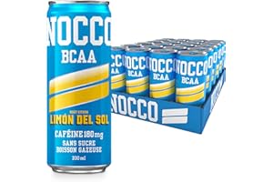 NOCCO Boisson énergissante goût citron 180 mg caféine 24x330ml Boissons énergétiques, Sans Sucre BCAA (Limon Del Sol)