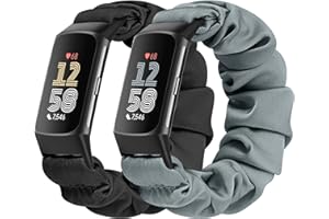 Bcuckood 2 Packs Scrunchie Straps Compatible with Fitbit Charge 6/Charge 5, Soft Cute Pattern Printed Fabric Elastic Solo Loop Cloth Scrunchy Replacement Wristband for Women Girls