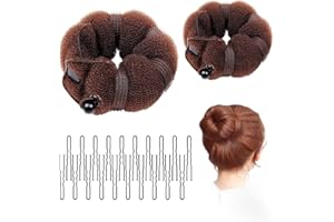 BEIIEB 2 Pcs Bun Makers for Hair, Brown Sponge Donut Ring Styler Bun Makers, Easy Bun Makers Tool with Snaps and Hair band, DIY Bun Styling, 2 Sizes, with 20 Pcs U-Clips.