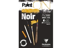 Clairefontaine - Ref 975171C - Paint'ON Multi-Technique svart pappersblock (20 ark) - A2-storlek, 250 gsm tungt papper, lätt