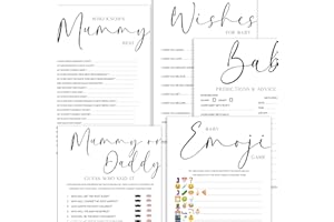 The Little Party Company Baby Shower Games Neutral Unisex - Bundle Pack of 5 Games- 10 Player Baby Shower Games- White Minimal Elegant Design-Unisex-A5 Size (BSOB5)