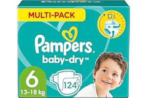 Pampers Couches Taille 6 (13-18 kg), Baby-Dry, 124 Couches Bébé, Multi Pack, Jusqu'à 12h Bien Au Sec et Avec Double-Barrière Anti-Fuites