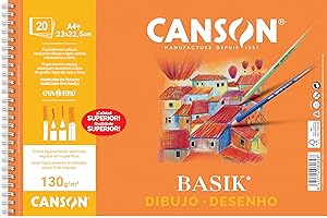 Canson Dibujo Basik, Papel de dibujo blanco, Grano fino, 130gsm, Espiralados sobre el lado corto, 23x32,5cm, Blanco natural, 20 Hojas