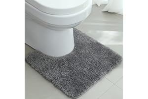 ‎WARMFAY Warmfay rutschfest Badezimmerteppich Toilette mit Ausschnitt 50x50CM, Weich Flauschig und Hochflor Badvorleger, Maschinenwaschbare Badematte, Absorbierende Badteppich für Toilett WC, Grau Badteppich