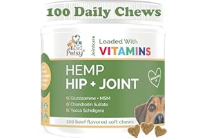 PETSY Hip and Joint Supplements for Dogs CALMING Hemp ACTIVE, Glucosamine, Chondroitin, MSM. Multivitamins |100 SOFT Chews| Daily NATURAL Aid CALMING Hemp oil suitable for All Dogs + Age Related Pain