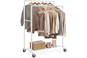 SONGMICS Perchero Burro de Doble Barra, Marco Metálico, 59 x 100 x 162 cm, Burro de Ropa con Estante de Almacenamiento y Ruedas, 2 Ruedas con Freno, Carga de 110 kg, Blanco HSR060W01