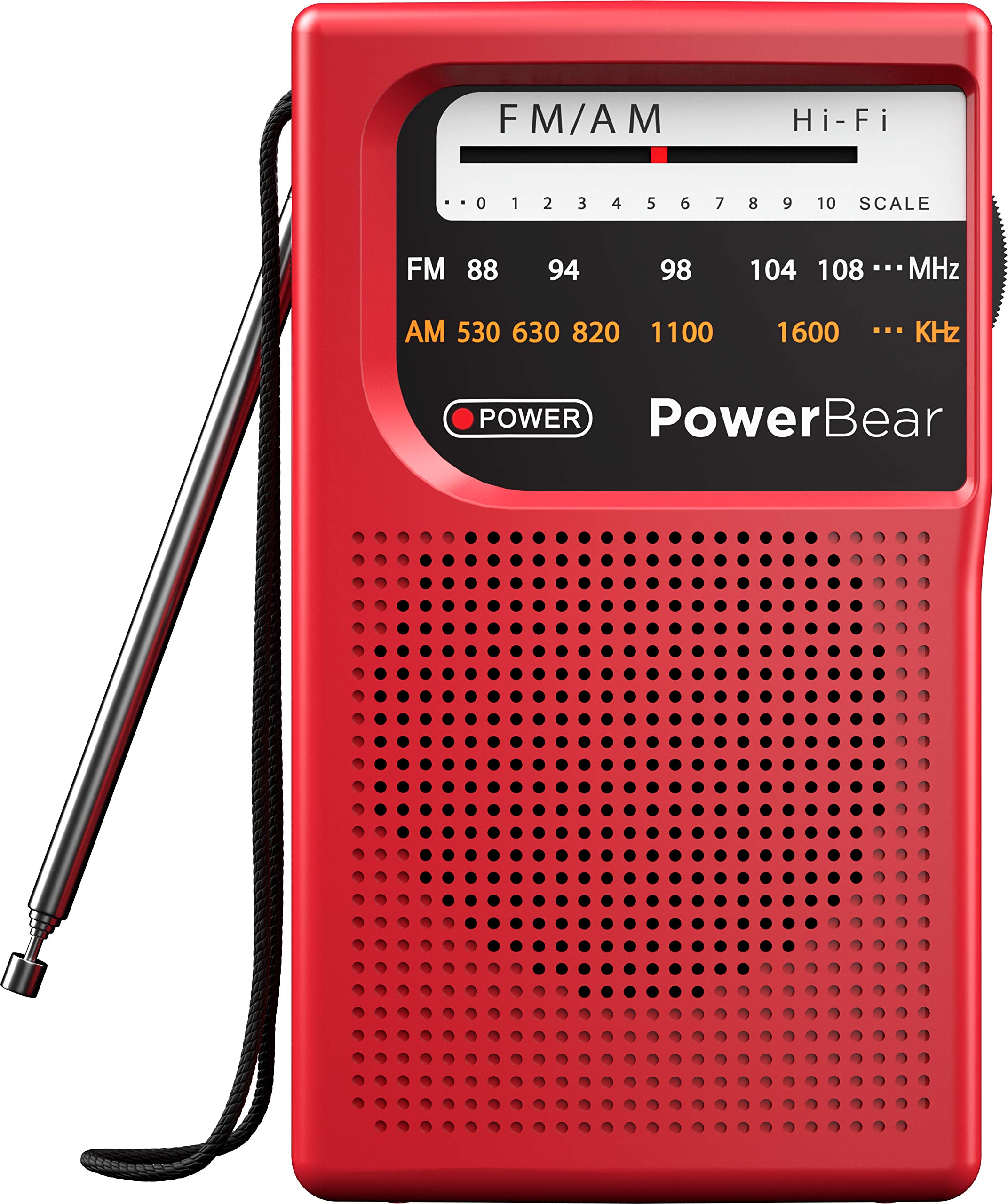 PowerBear Portable Radio | AM/FM, 2AA Battery Operated with Long Range Reception for Indoor, Outdoor & Emergency Use | Radio with Speaker & Headphone Jack (Red)