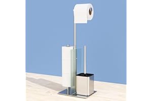 SUSSWIFF Porta carta igienica in piedi con scopino per WC – Scopino per WC e porta rotolo di carta igienica in piedi con ripiano in vetro, senza foratura, in acciaio inox con porta carta igienica e scopino per