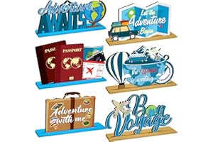 DoubleFill 6 Pcs Travel Themed Wooden Centerpieces Table Toppers Adventure Awaits Party Decor Travel Around The World Bon Voyage Table Decor Photo Props for Let The Adventure Begin Going Away Party