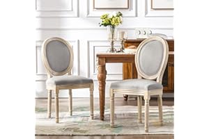 HomeMiYN French Dining Chairs, Upholstered Linen Fabric Chair with Round Back, Retro Elegant Classic Kitchen Chairs with Carved Legs for Dining Room Living Room,Set of 2(Gray)