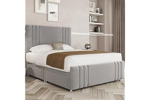THE BED VILLAGE YORKSHIRE Ripon with Footboard Divan Double Bed and Mattress Included, Headboard & 2 Drawers Foot End | Silver Grey Plush Fabric | British Timber | Sustainable Handcrafted Design