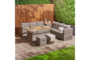 HOME TREATS Rattan Garden Furniture With Fire Pit Table | 6 Piece 8 Seater Outdoor Furniture Set With Sofa Stool & Cushions | Rattan Corner Table Sofa & Chairs L Shape Grey