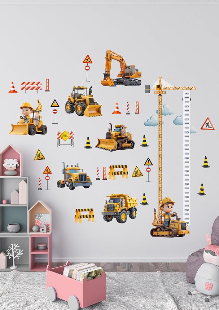 İş Makinası Temalı Boy Ölçerli Duvar Sticker Seti - Mat, Sökülebilir, Çocuk Odası Dekoru
