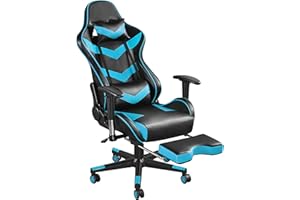 Yaheetech Silla Gaming con Reposapies Silla Escritorio Oficina Ergonómica Silla Reposacabezas Soporte Lumbar Cuero PU Inclinación Reclinable Giratoria Azul Claro