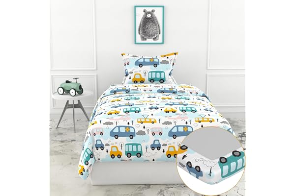 LORETO - A QUALITY LINEN BRAND 100% Cotton Elastic Fitted Bedsheets Single Bed with 1 Pillow Cover Printed Fitted Bed Sheet for Single Size Mattress - 78 x 36 Inch, Blue Bus & Banana Yellow Cars