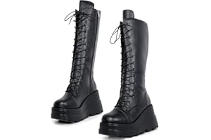 Gothniero Women Black Platform Goth Boots Knee High Chunky Heel Gothic Boot Women Black Combat Motorcycle Booties Round Toe with Zip 3UK-8UK