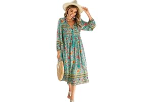 R.Vivimos Women's Casual Bohemian Print Neck Tie Long Sleeve Beach Style Long Midi Dress Vacation Dress