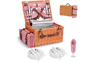 SenDeluz Panier Pique Nique, Panier de Pique Nique pour 4 Personnes en Osier avec Compartiment Isotherme, Couverture Pique-Nique Imperméable et Couverts, Panier Picnic pour Camping, Rose