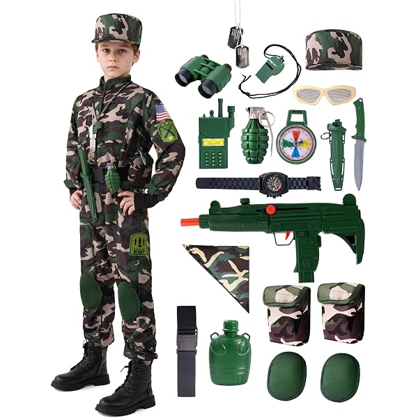 deAO Costume de Soldat pour Enfant, Ensemble Déguisement Militaire Camouflage avec Casque