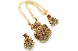 Sasitrends Traditional Gold Plated White Pearl Chain Pendant Necklace Jewellery Stone-Studded Set Stone Women & Girls-20 Inch