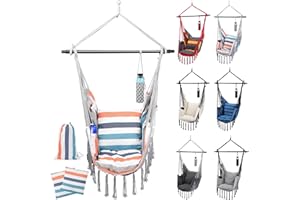 MIADOMODO® Chaise Hamac - 150kg, Coussins Amovibles, Barre d'Écartement Acier, Couleur Choix - Fauteuil Suspendu, Siège, Balançoire, Jardin, Balcon, Patio, Intérieur/Extérieur (Pastel Bleu/Orange)