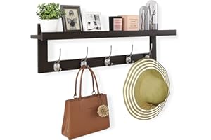 ‎SMIBUY SMIBUY Wieszaki na ubrania z półką naścienną, bambusowa półka wisząca z 5 podwójnymi metalowymi haczykami, do łazienki, sypialni, kuchni, salonu, przedpokoju, 74 cm, (ciemnobrązowy)