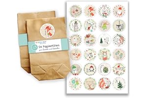 PAPIERDRACHEN Kalendarz adwentowy DIY - z 24 brązowymi papierowymi torebkami i 24 kolorowymi drukowanymi naklejkami - do majsterkowania i rękodzieła - Mini zestaw nr 22 - Boże Narodzenie 2021 dla dzieci.