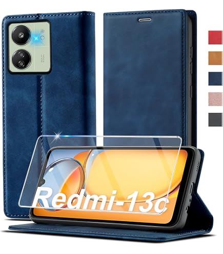 GOKEN Leder Folio Hülle Für Xiaomi Redmi 13C / Poco C65 – Mit 3 Kartenfächern, RFID-Schutz & Ständerfunktion – Blau