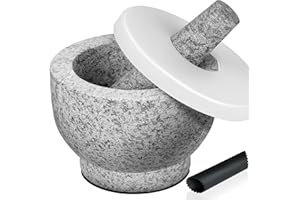 Tera Mortier et Pilon en Marbre Granit avec Couvercle en Pierre Massif 14 cm de Diamètre pour Épices Cuisine avec Un Brevet de Conception, Gris