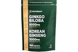 HORBÄACH Ginkgo Biloba and Korean Ginseng Tablets | High Strength | Ginkgo 9000mg & Ginseng Root 3000mg | 180 Vegan Tablets | by Horbaach