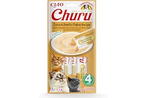 INABA Churu - Przecier z tuńczykiem i płatkami bonito - Pyszne przekąski dla kotów - Gładka i kremowa konsystencja - Karma dla kotów - 4 tubki x 14g