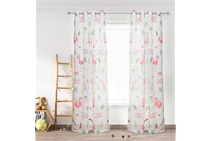 HOMEYA - Cortina Infantil tranparente 2 unidades de 140 x 260 cm - Visillo jovenil con diseño Flamenco para Habitacion de niños. 100% Poliester