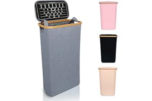 Nest Zest Slim Laundry Basket with Lid and removable inner washing bag. Hamper style Laundry bin with handy clothes label care guide inside the lid. Foldable washing basket, 60L capacity. Grey