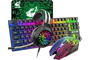 LEXONTECH Tastiera da gaming senza fili da 87 tasti 2,4 G con retroilluminazione arcobaleno, 3800mAh sensazione meccanica+2400DPI LED Gaming Mouse+RGB cablato cuffie stereo da gioco con microfono (nero)