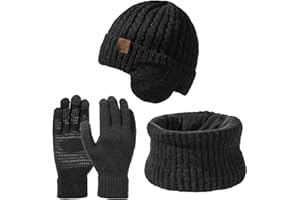 DECORIE 3 Pezzi Unisex Set in Maglia - Cappello Invernale Berretto con Copriorecchie e Guanti Touch Screen,Sciarpa Scaldacollo con Forro Lana per Uomo Donna