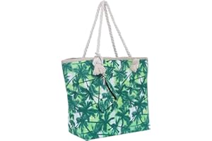 DonDon Bolsa de playa grande con cremallera 58 x 38 x 18 cm palmas verde blanco shopper bolsa de hombro bolsa de Miami Florida