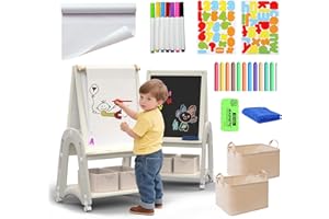 hoopyosms Cavalletto Artistico 3-in-1 per Bambini con Rotolo di Carta, Lavagna Bianca e Lavagna Nera, Altezza Regolabile, Accessori da Disegno Inclusi, Bianco