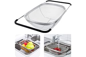 HOJKMA Edelstahl Sieb für Spüle Abtropfsieb Ausziehbar, Über dem Spülsieb Erweiterbares Ovales Siebkorbsieb mit Gummigriffen 6 Quarts Sieb für Küchenspüle, Abfluss, Spülen von Obst, Gemüse, Schwarz